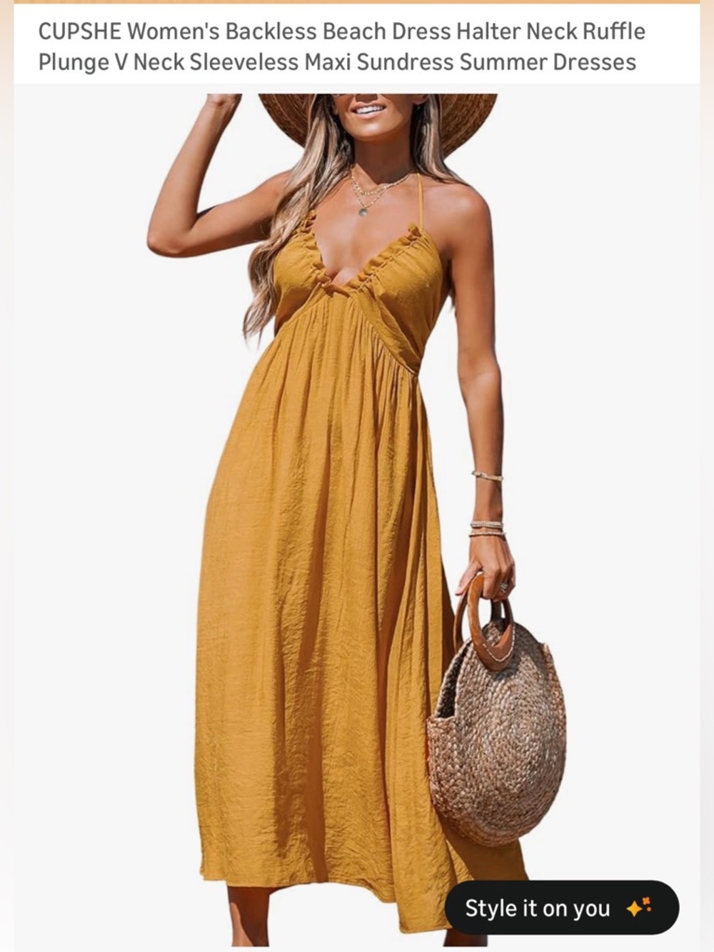 NWT Cupshe Mustard Halter Ruffle Plunge Maxi Dress